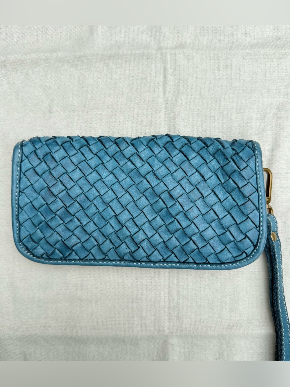 Vintage Vera Pelle Leather Woven Wallet in Denim with Wristlet, Made in Italy